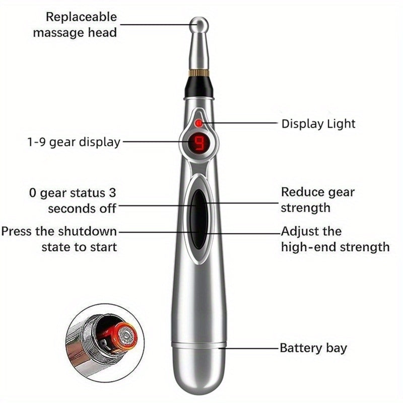 Bolígrafo de masaje eléctrico con 9 modos, pantalla digital, cabezales intercambiables para espalda, cintura y piernas