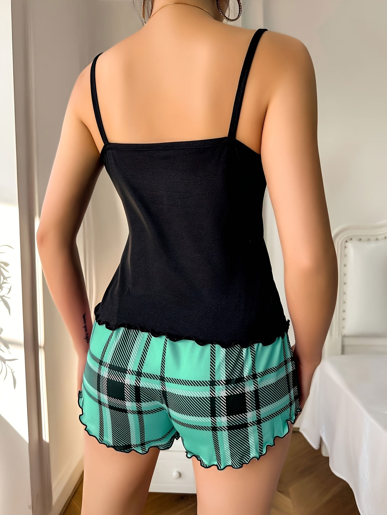 Women's Plaid Heart Pajama Set with Frill Trim Cami Top and Shorts for Summer Nightwear
