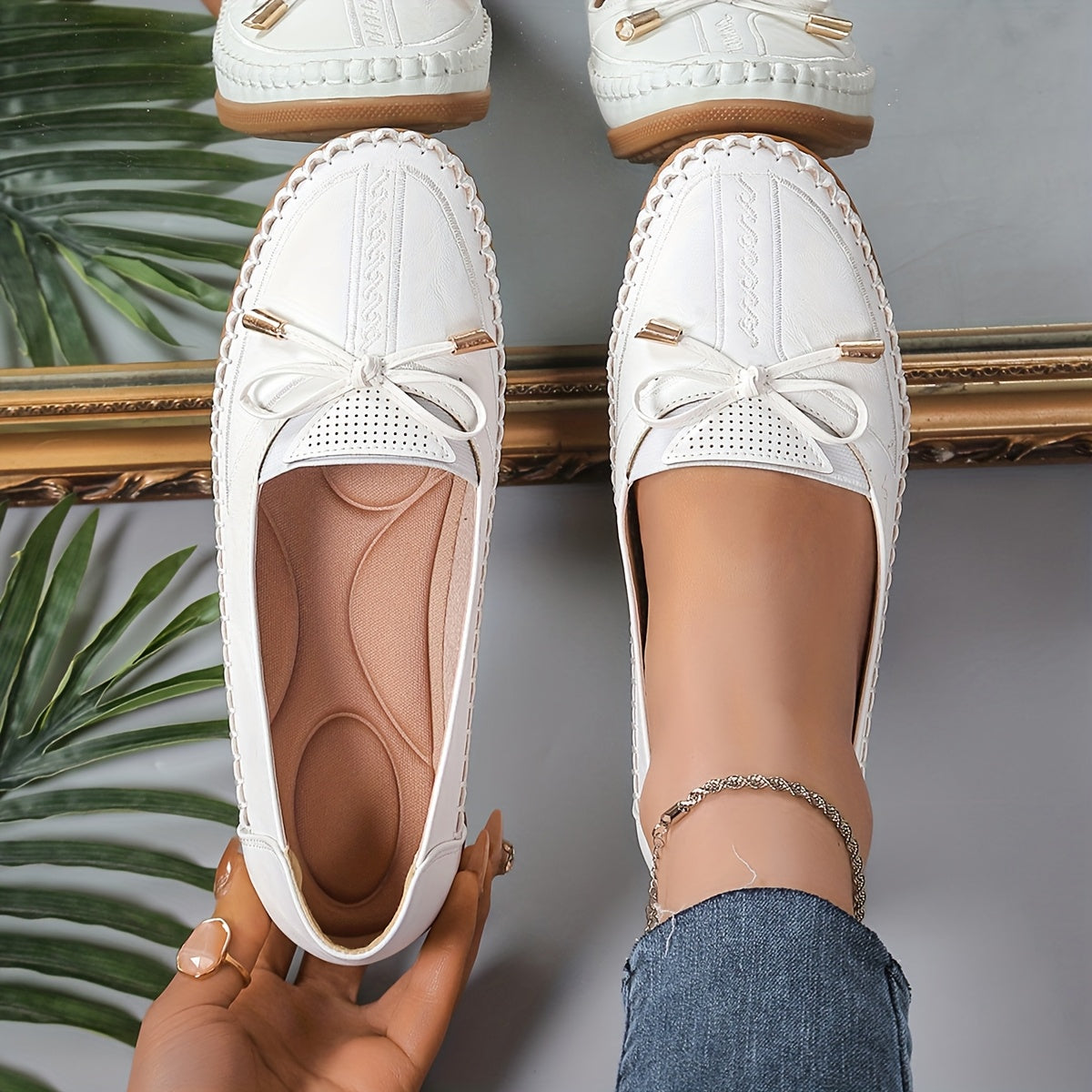 Women's White Faux Leather Slip-On Loafers with Bow Breathable Mesh