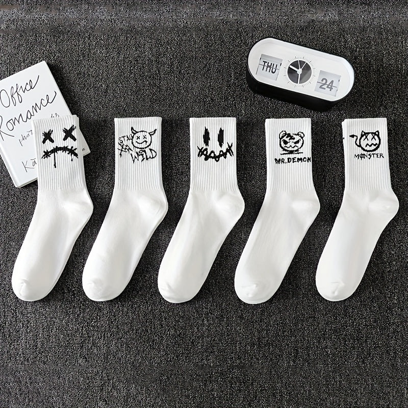 Men's Graffiti Pattern Crew Socks 3/5/8/10 Pairs Breathable Comfortable Outdoor