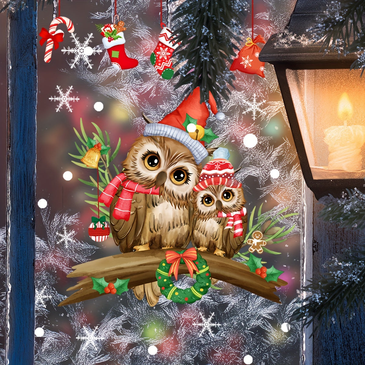 Christmas Owl Window Decals Vinyl Holiday Decor 30x35cm Double-Sided