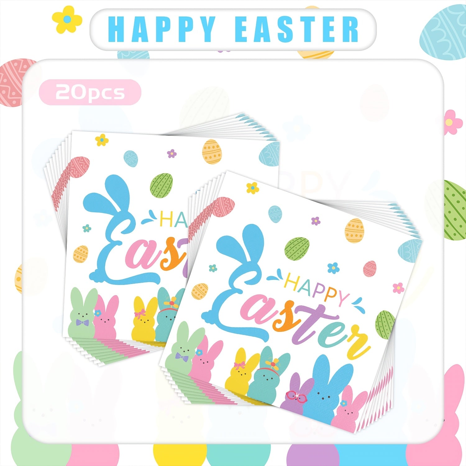 Paskha quyon va Peep qog'oz salfetkalar 3-qavatli 16.26 sm kvadrat pastel tuxum gullari naqshlari