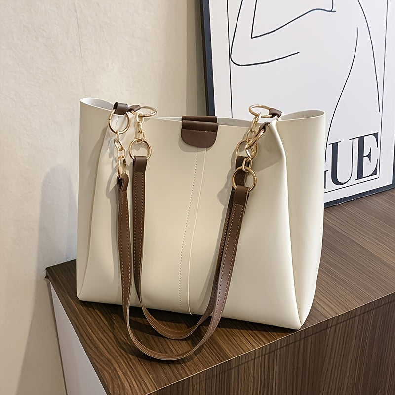 Bolso tote acolchado de PU de gran capacidad para mujer con cierre magnético negro