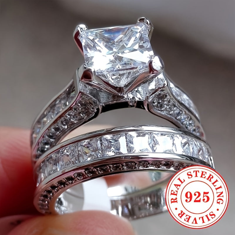 Sterling Silver Bridal Ring Set for Women Square-Cut Cubic Zirconia Engagement Wedding Jewelry