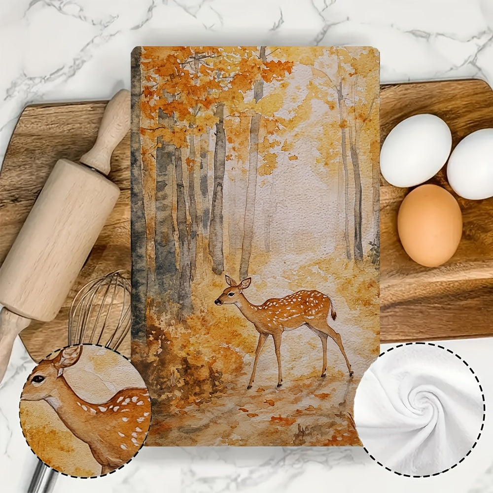 Два куска невероятно мягких кухонных полотенец с изображением спокойного леса и оленей. Эти высокоабсорбирующие кухонные полотенца можно стирать в машине, их размер составляет 40,64x60,96 см. Идеально подходят для праздничного декора и сушки посуды.