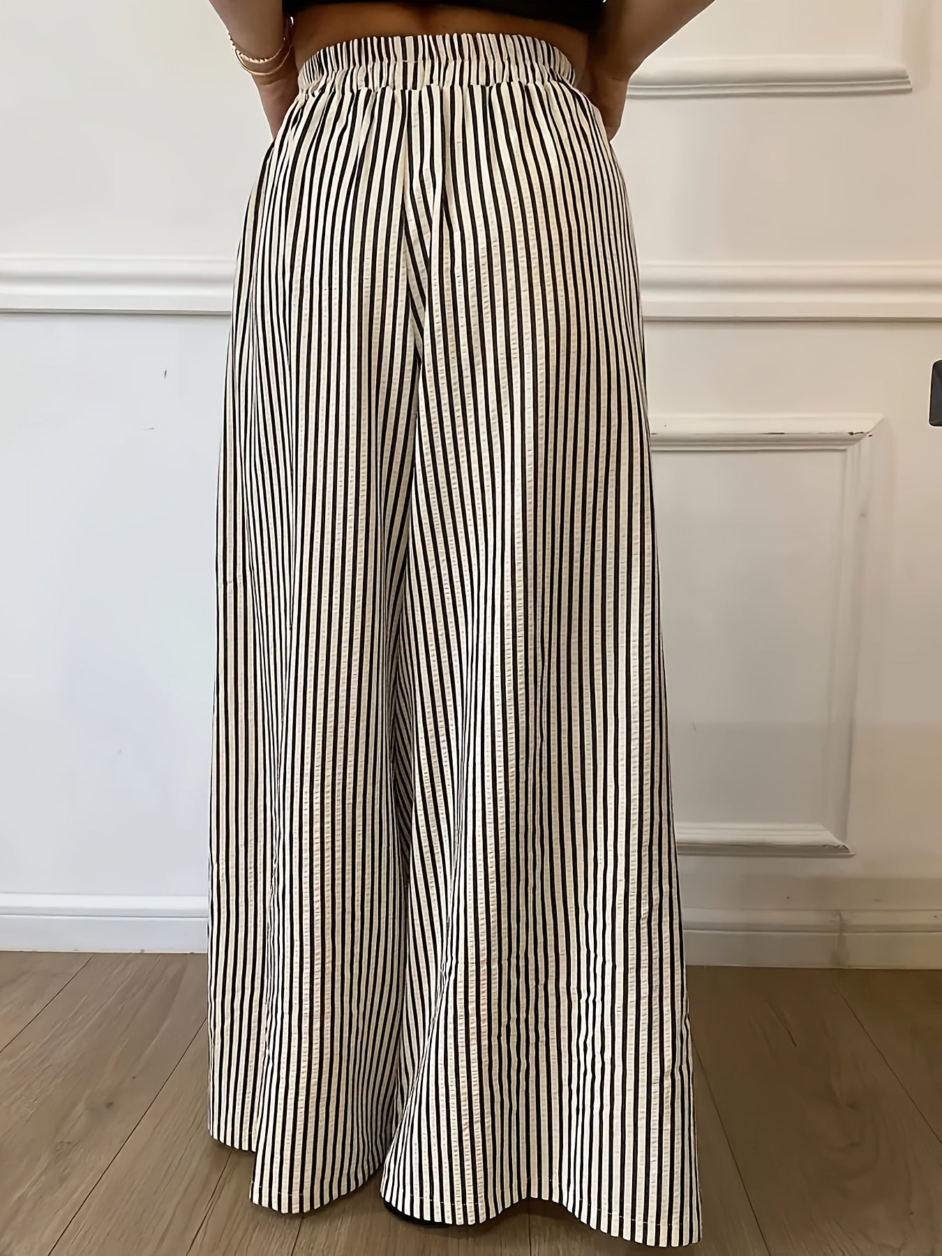 Women's Polyester Wide-Leg Pants Elastic Waist Black and White Stripes