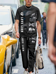 Men's Polyester Lion Print Sports Set with Crew Neck T-Shirt and Long Pants