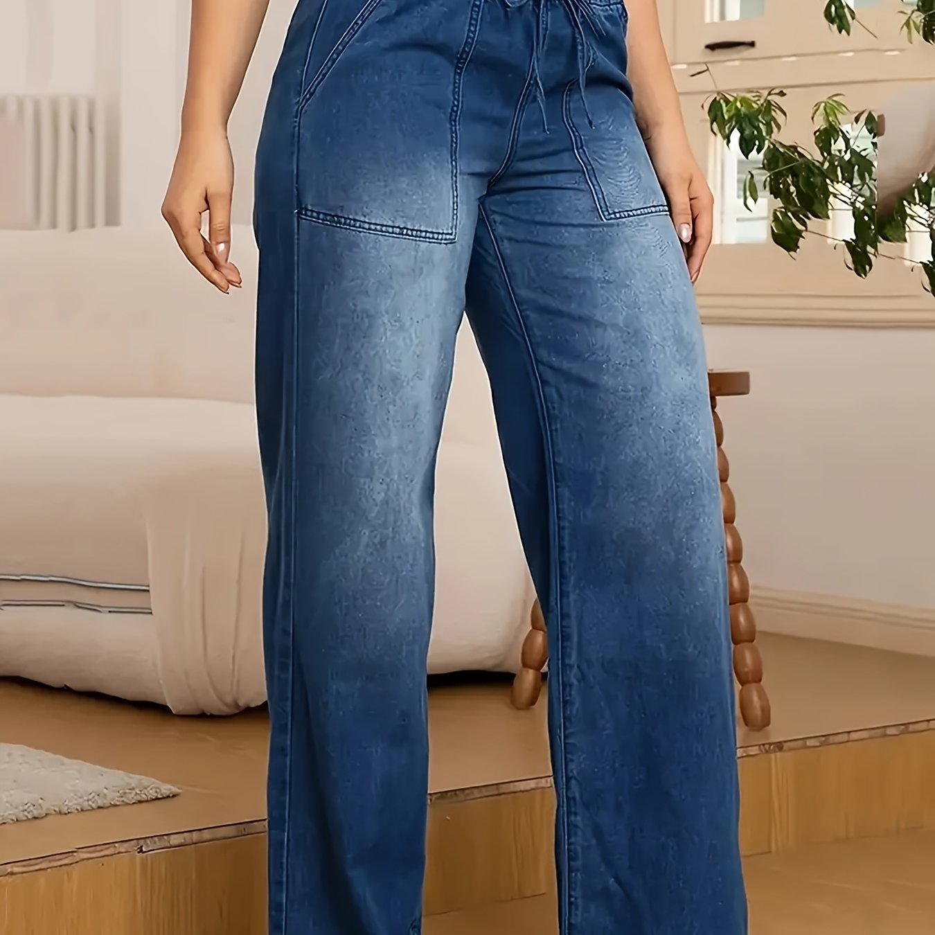 Women High Waist Wide Leg Denim Pants Solid Color All-Season Floor-Length