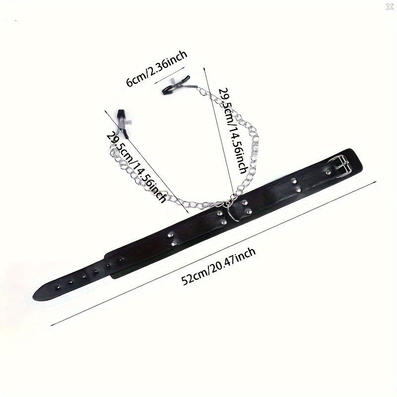 Adult Female Leather BDSM Choker with Adjustable Nipple Clamps 52cm