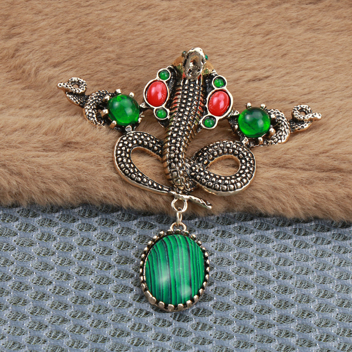 Snake Brooch with Green Enamel and Rhinestones Animal Python Jewelry Accessory