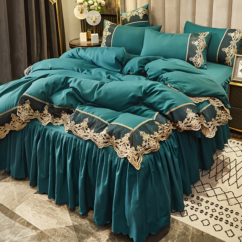 Европейский комплект постельного белья с кружевом и ворсом, 2/3 предмета, однотонное, наволочки, чехол на пуховик, моется в машине