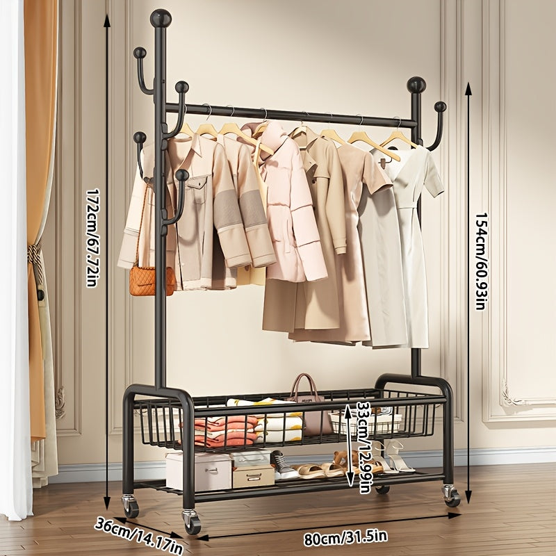 Multifunctional Rolling Coat Rack with 6 Hooks and Shelf Black Metal
