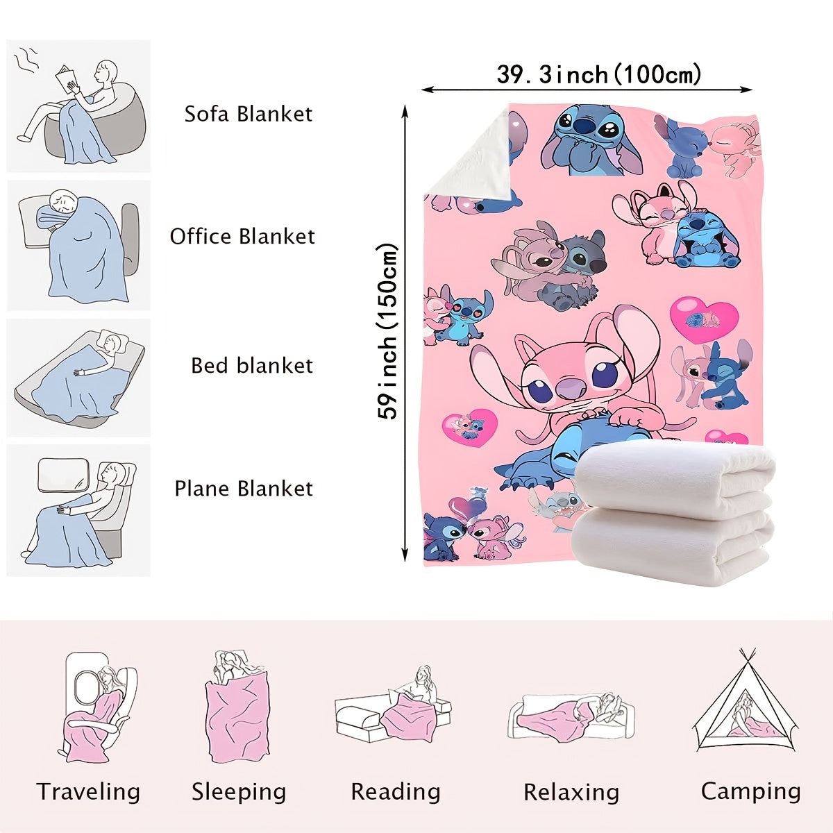 Pink Heart Stitch Cartoon Blanket Multi-Functional Knit Polyester Throw for Bedroom Couch Car
