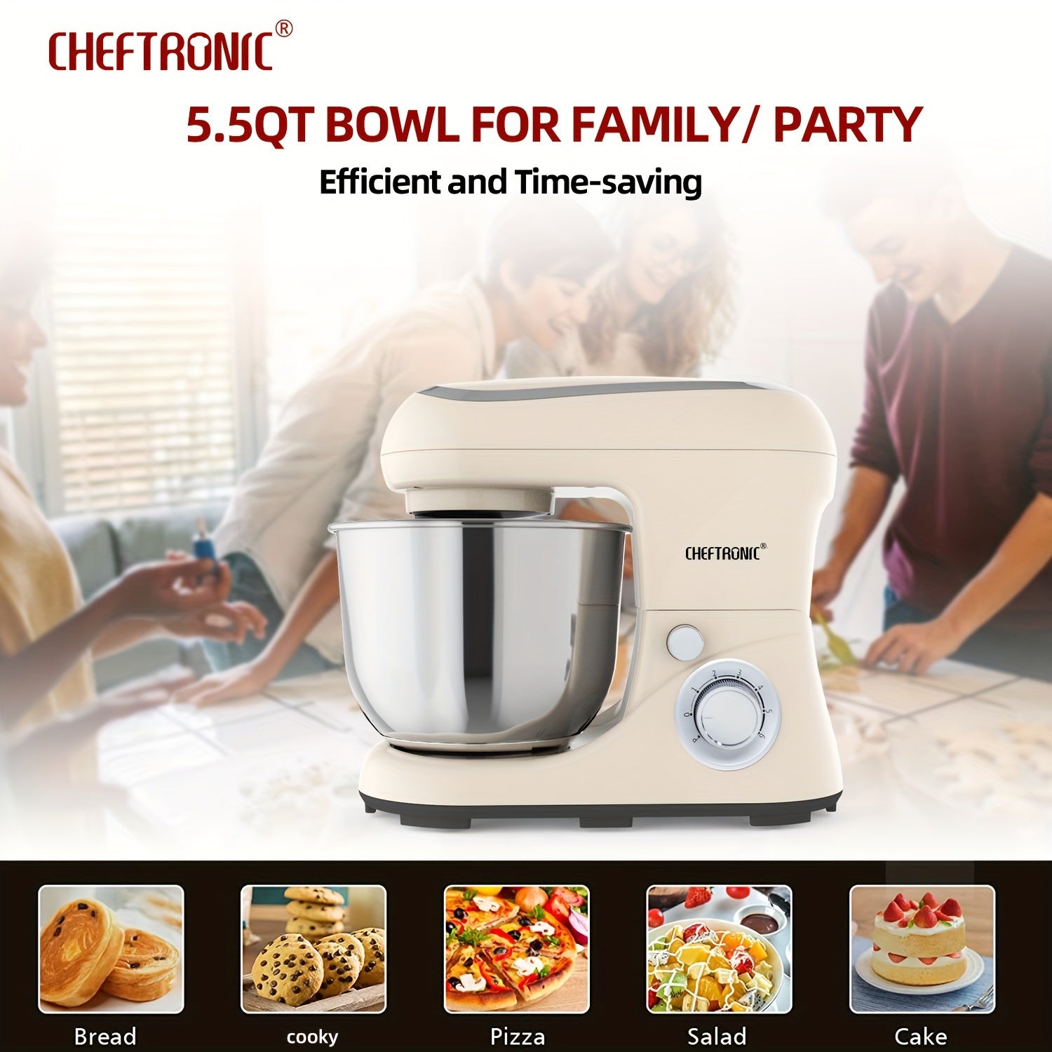 5.5QT Stand Mixer 1300W Tilt-Head Electric Kitchen Mixer with Dough Hook Egg Whisk Beater