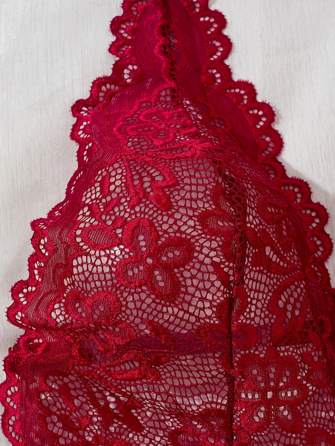 Plus Size Red Lace Lingerie Bodysuit with Sheer Mesh and Backless Halter Design