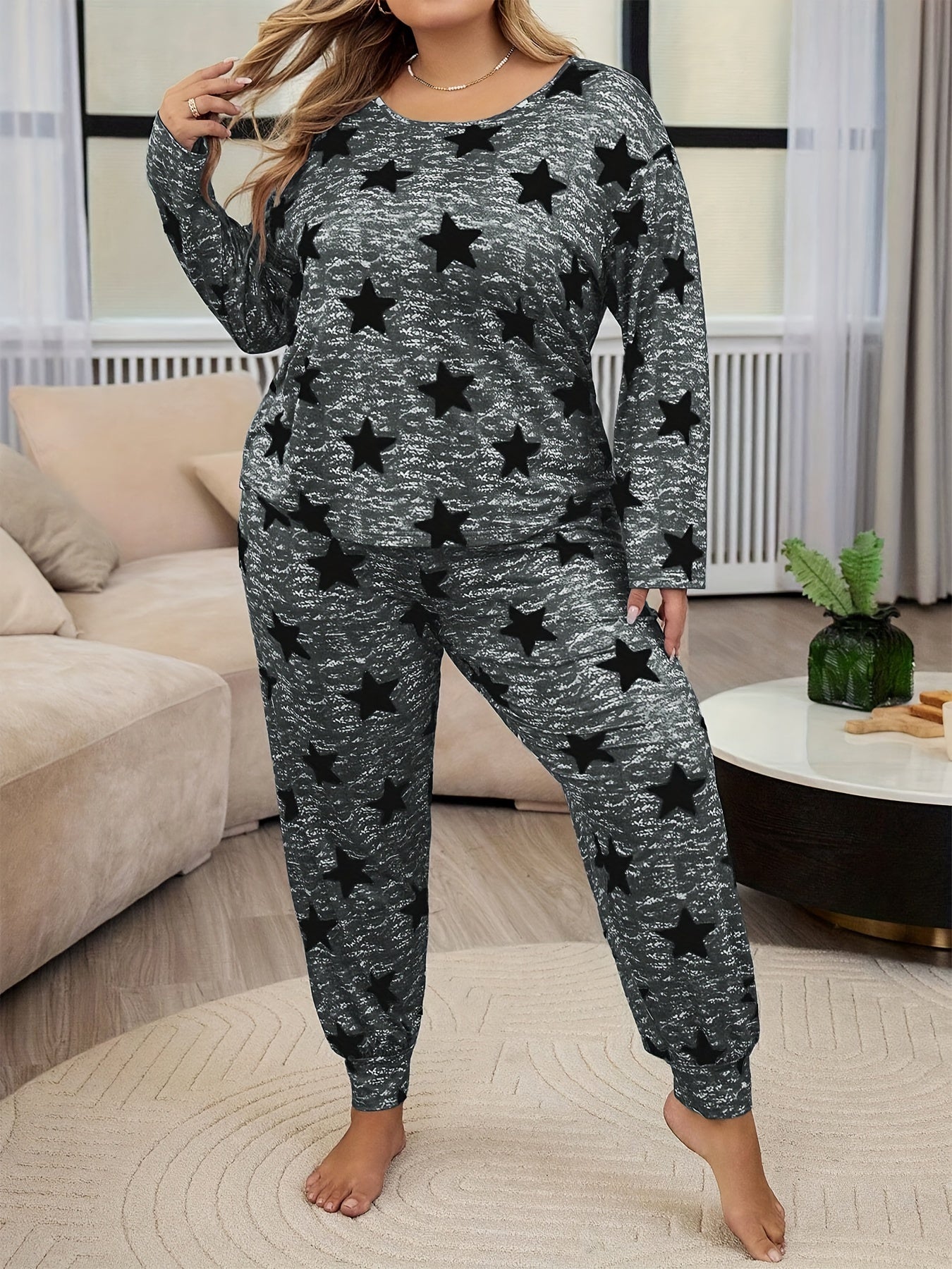 Plus Size Ladies Sleepwear Set Tie-Dye Star Print Lounge Pajamas