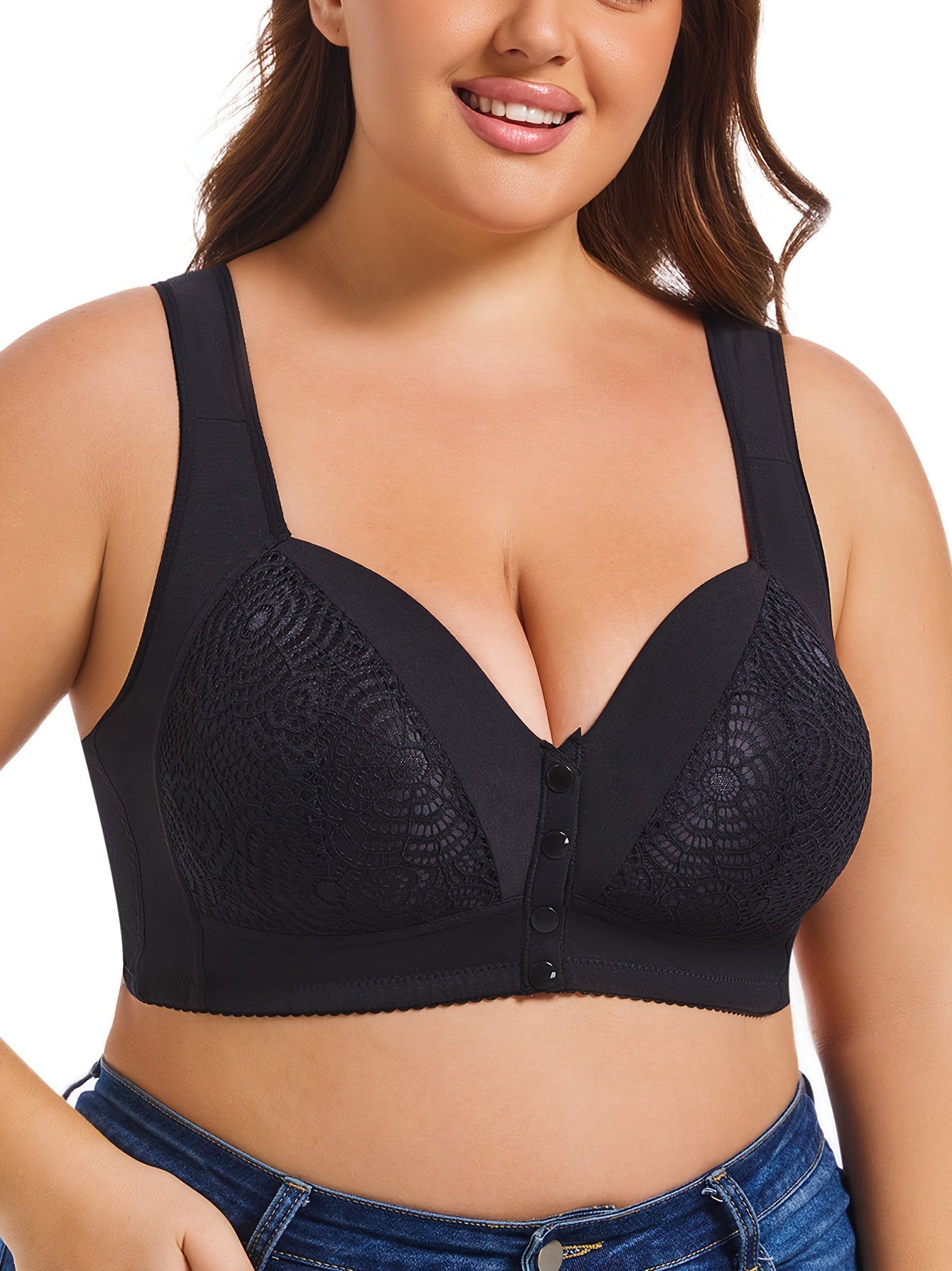 Plus Size Lace Bralette Wireless Full Coverage with Front Closure and Non-Removable Pads