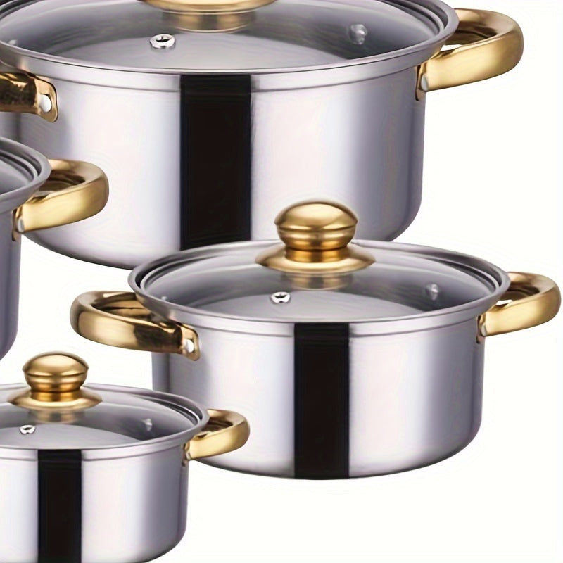 Stainless Steel Cookware Set of 10 with Glass Lids Double Handles Induction Compatible