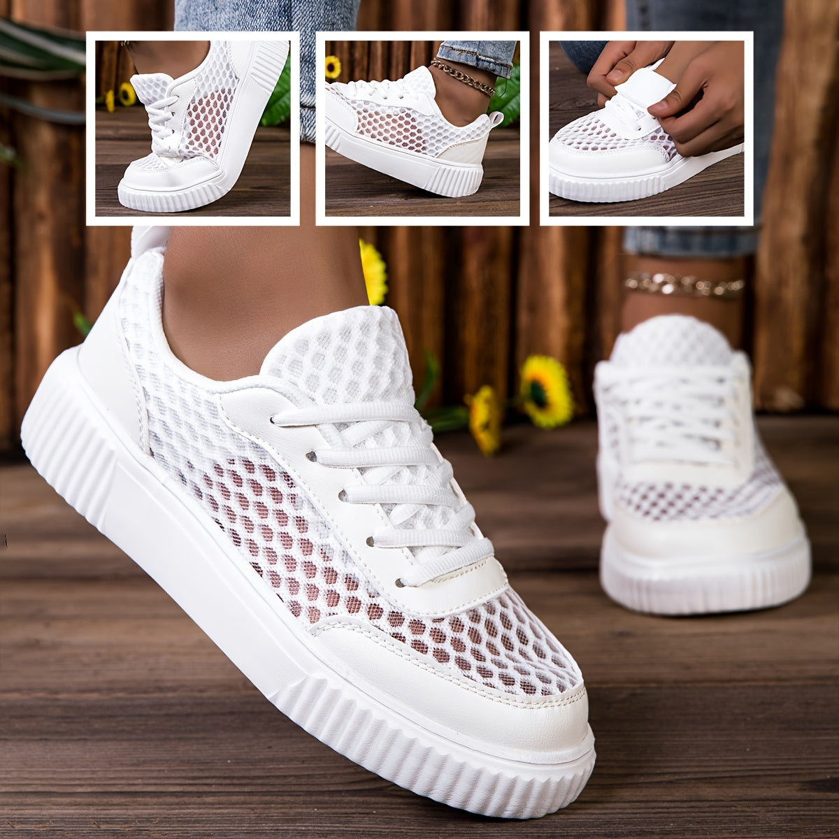 Women's Mesh Sneakers Lightweight White Low-Top Lace-Up Running Casual