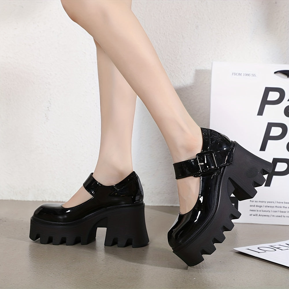 Women's Mary Jane Shoes Closed Toe Buckle Strap Platform Chunky Heels