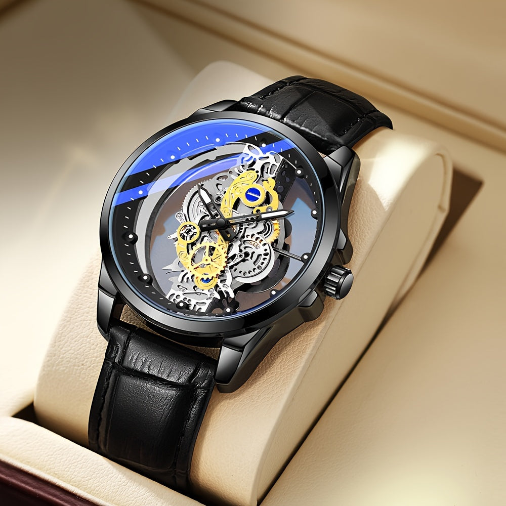 Men's Steel Band Watch with Luminous Openwork Sheer Bottom Quartz Watch Gift
