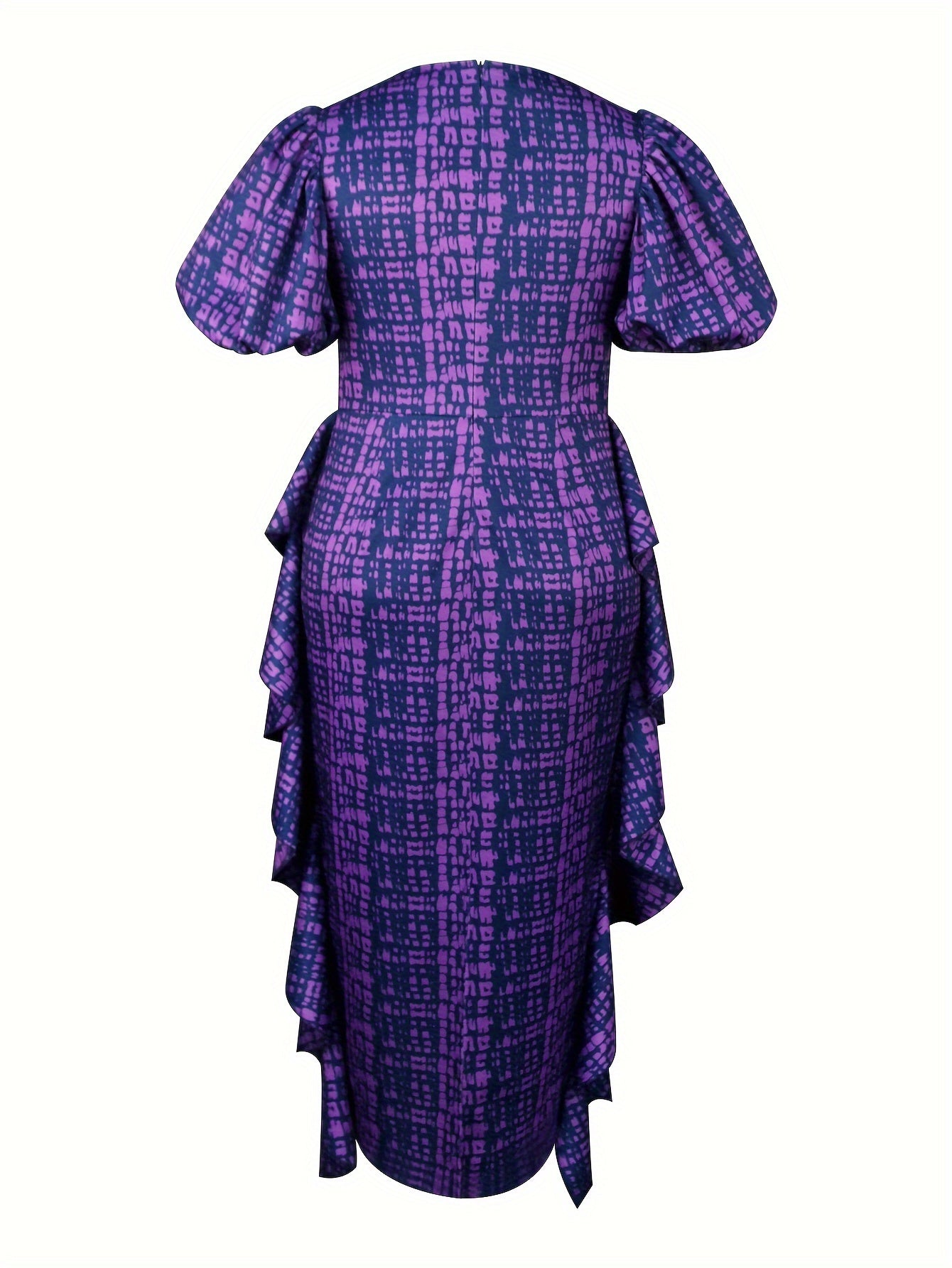 Women's Plus Size Purple Printed Maxi Dress V-Neck Ruffle Hem
