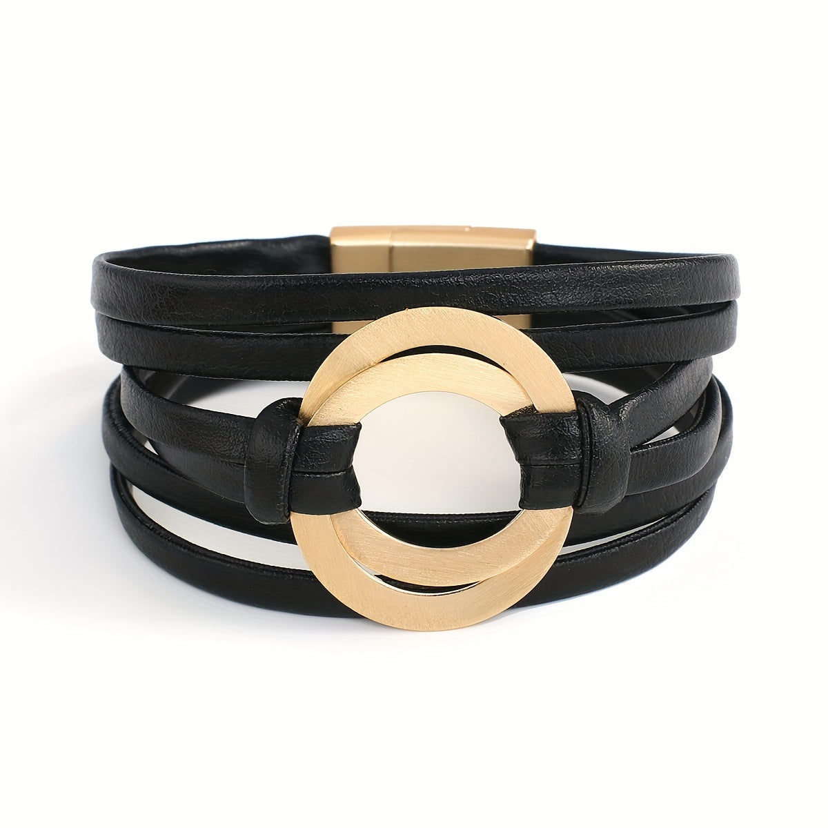 Women’s Artificial Leather Bracelet with Double Circle Charm and Magnet Clasp Wide Bangle Jewelry