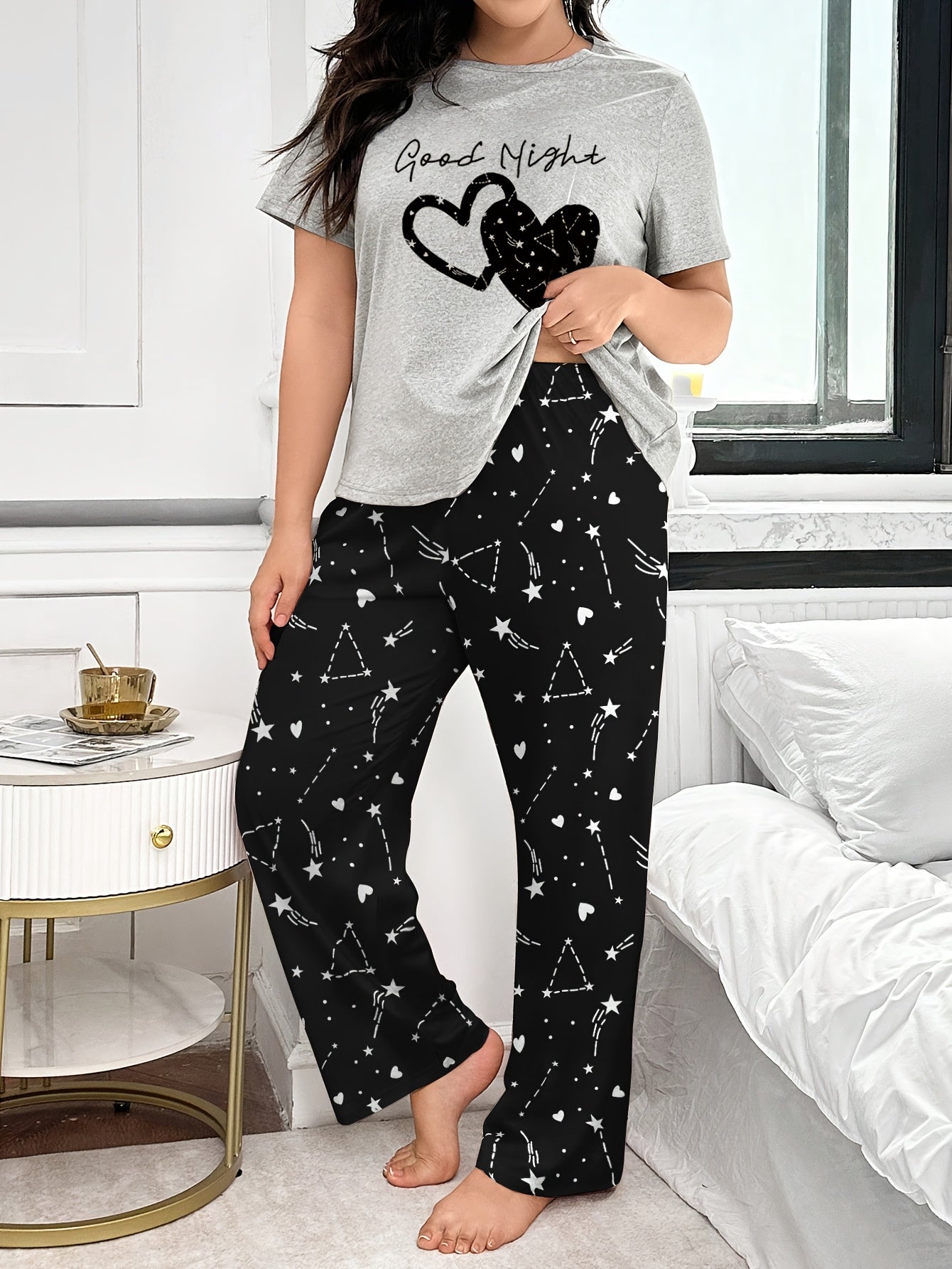 Plus Size Women's Nightwear Set with Graphic Tee and Pajama Pants
