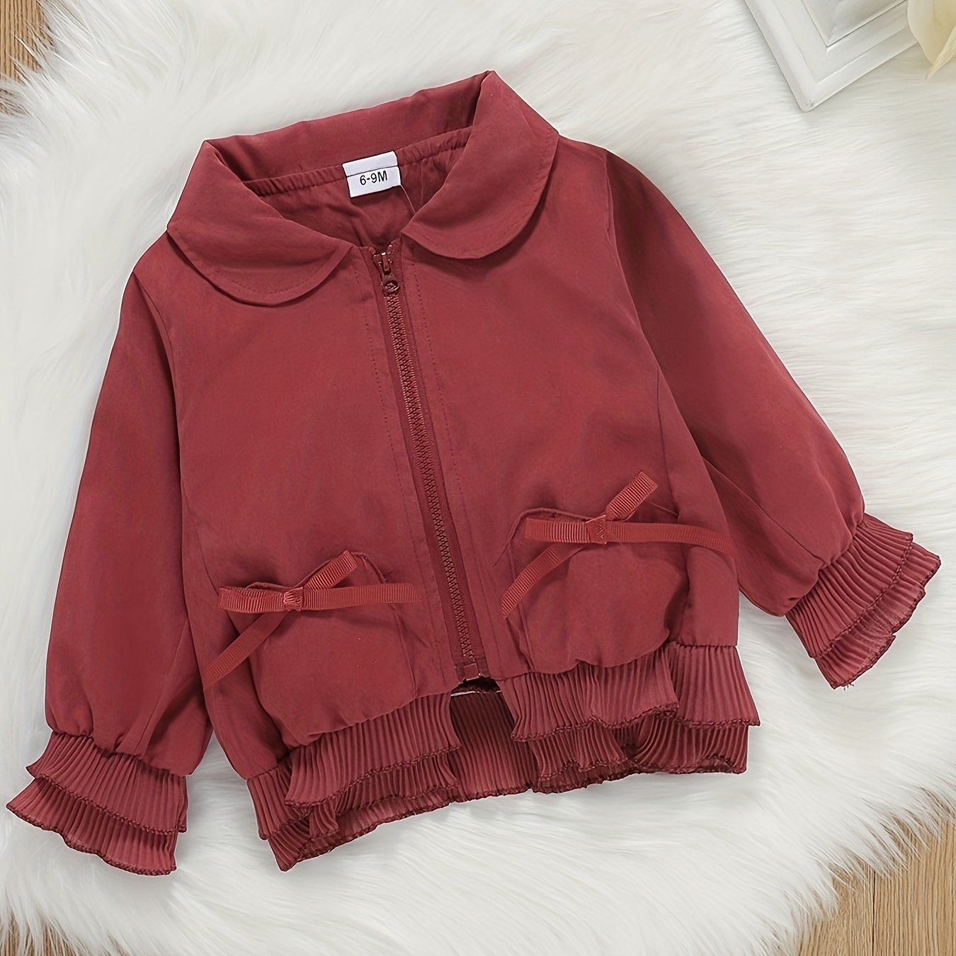 Toddler Girls Beige Zip-Up Jacket with Ruffle Detail for Spring Fall Fashion