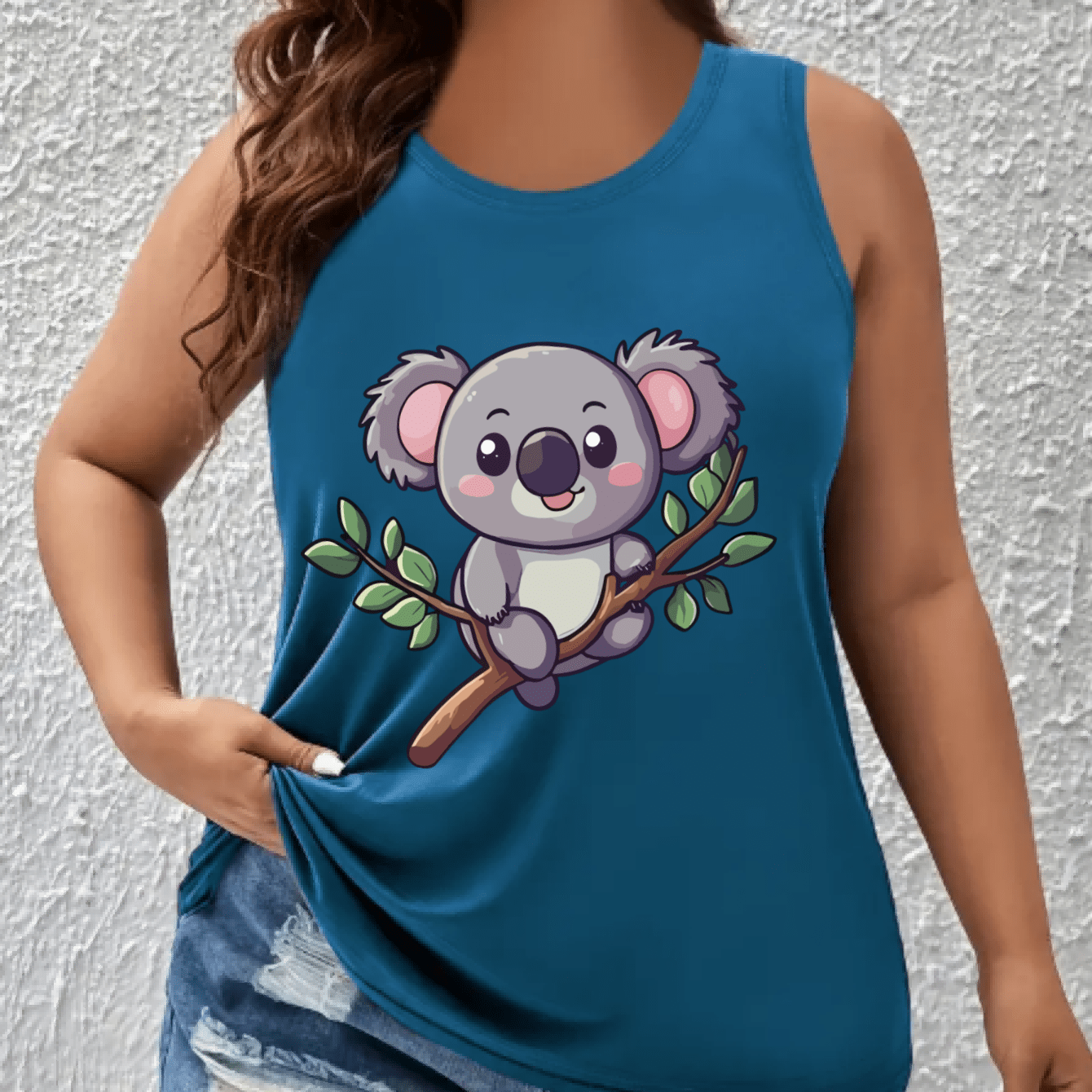 Plus Size Women's Breathable Cotton Tank Top with Cartoon Koala Light Blue
