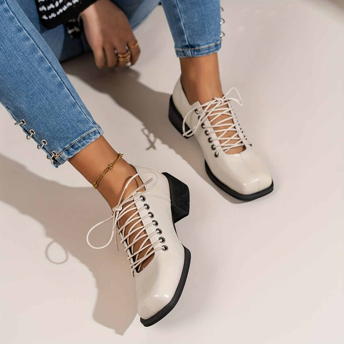 Women's Square Toe Block Heel Ankle Boots Black Leather Lace-Up Mid-Calf Stylish