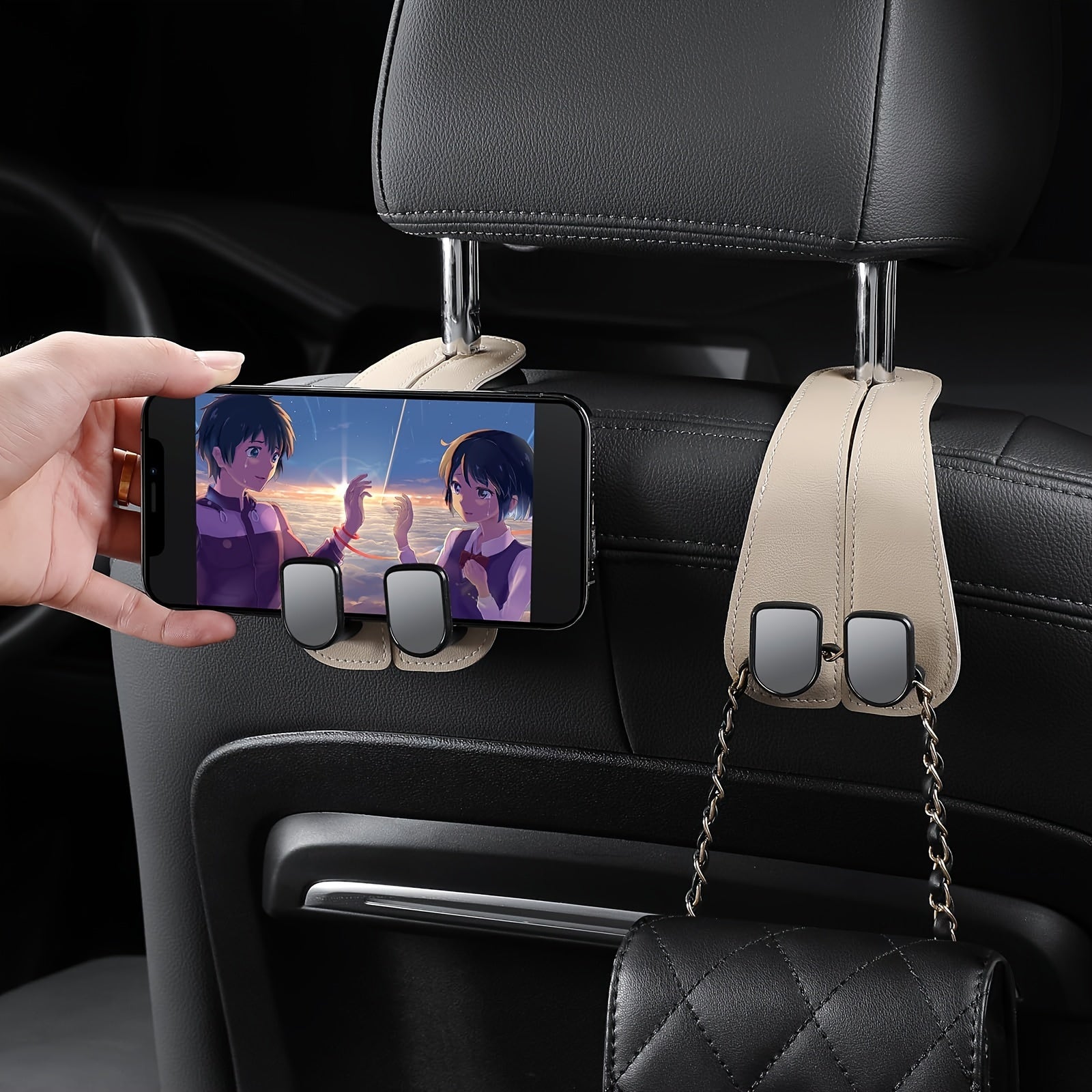 2 шт. бежевых крючков для автомобильных подголовников из ПВХ, двойной дизайн крюка для сумок и рюкзаков