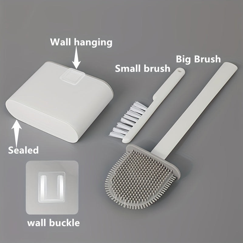 Toilet Brush Set Wall Mount Soft Bristles Long Handle Space-Saving Plastic