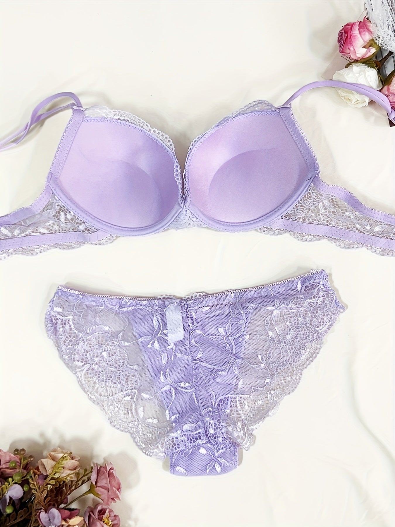 Lingerie Set Lace Bra and Panty with Contrast Details and Drop Waist Briefs