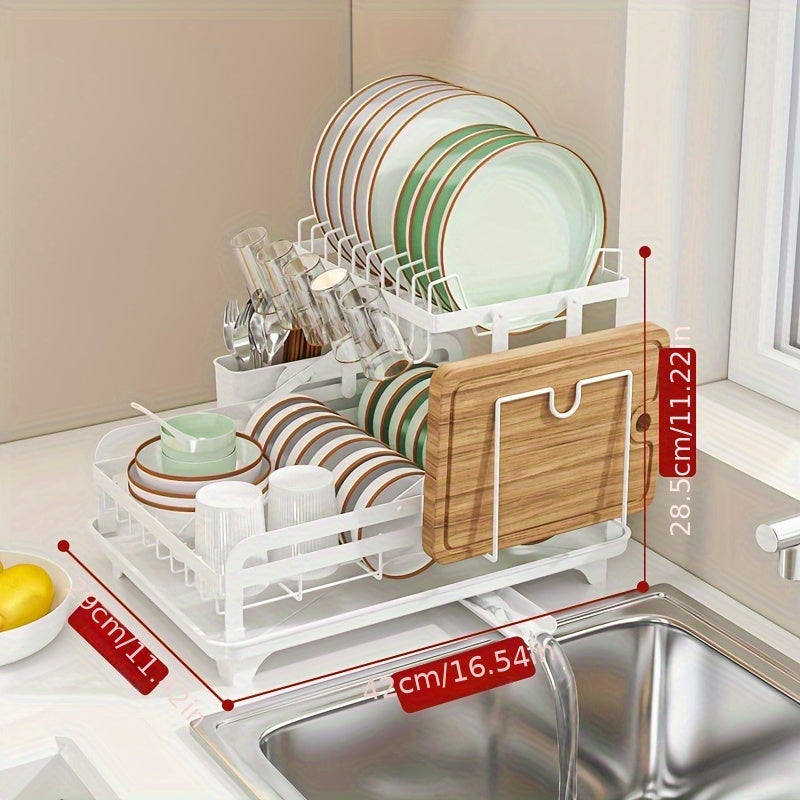 Oshxona ish stoli idish quritish tokchasi, ikki qatlamli va katta sig'imli, po'lat drenaj taxtasi bilan idish qurituvchi, idishlar, pichoq, stakanlar va kesish taxtalari uchun mos, o'lchamlari 41.4 x 28.96 x 27.43 sm, zarur oshxona ta'minotlari