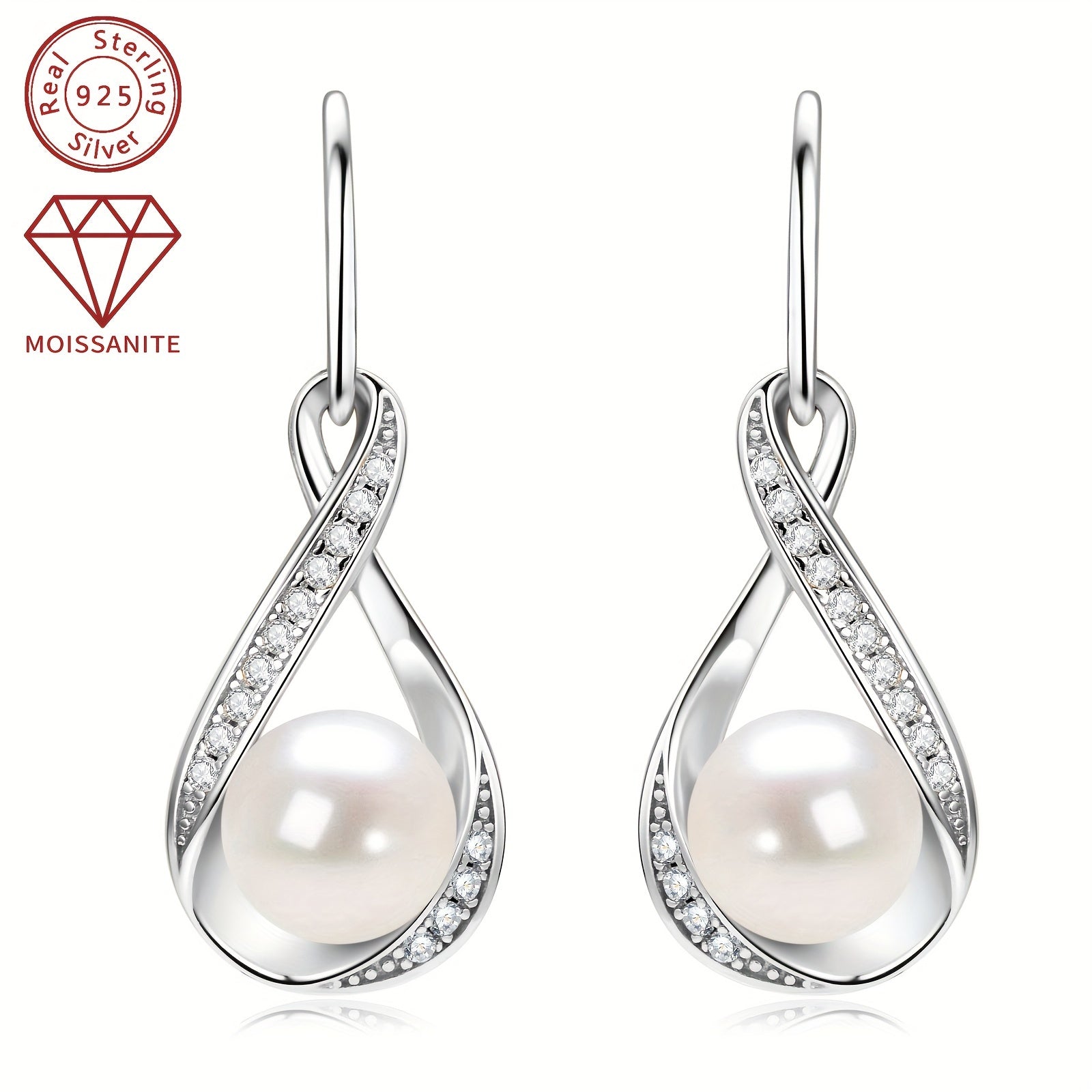 Pearl Earrings with Moissanite Stones 8mm Freshwater Beads in Silver
