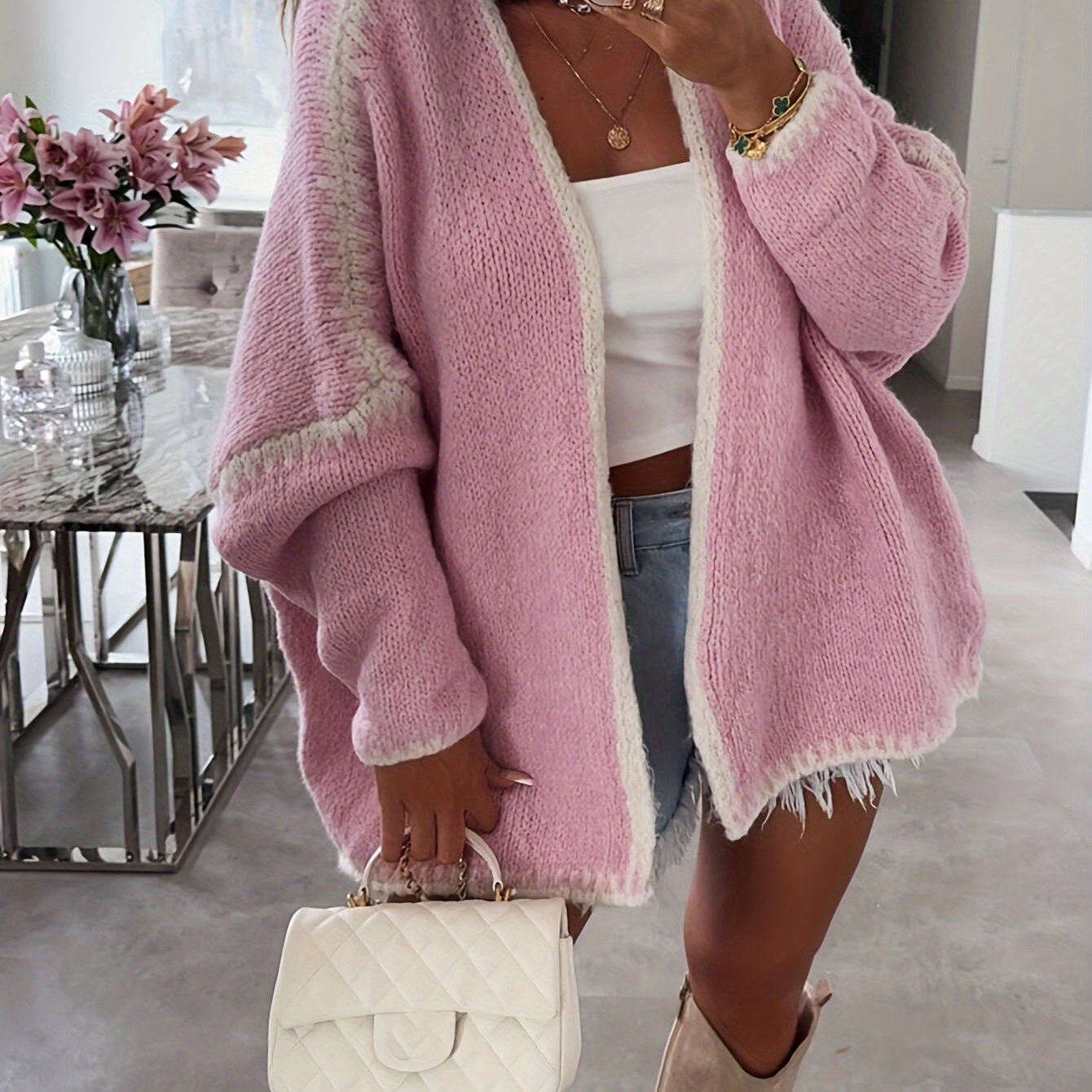 Plus Size Womens Knit Cardigan Polyester Blend Collarless Cozy Fall Winter