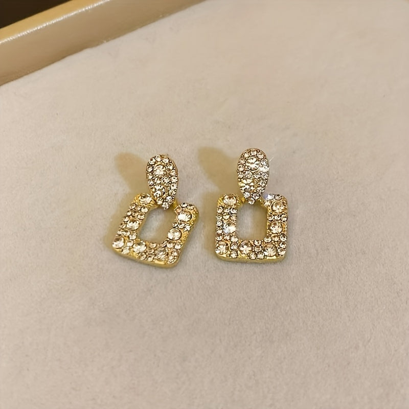 Women Water Crystal Geometric Square Drop Earrings Zinc Alloy Stainless Steel Posts