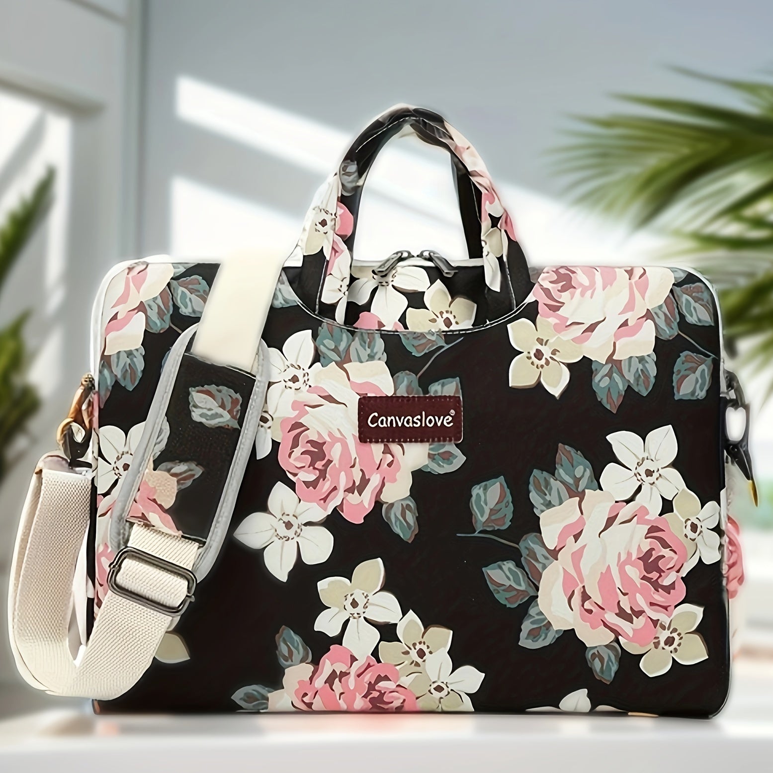 Water-Resistant Canvas Laptop Bag with Rose Pattern and Adjustable Shoulder Strap