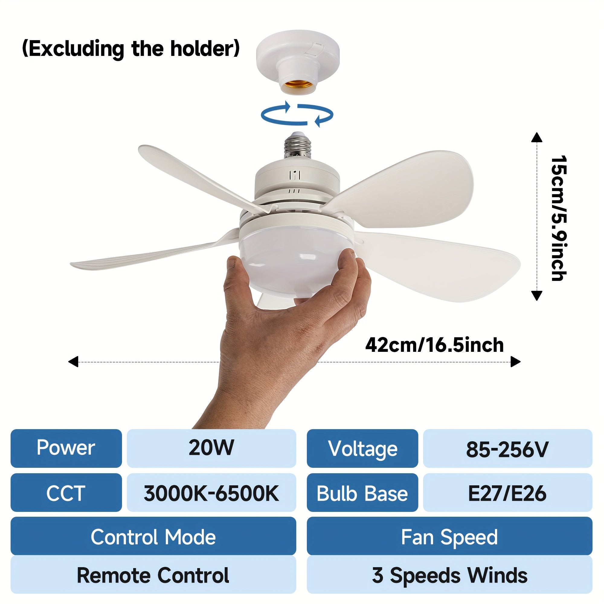 5-Blade Ceiling Fan with Remote Control 42cm Diameter 3 Speeds E26/E27 Bulb Base