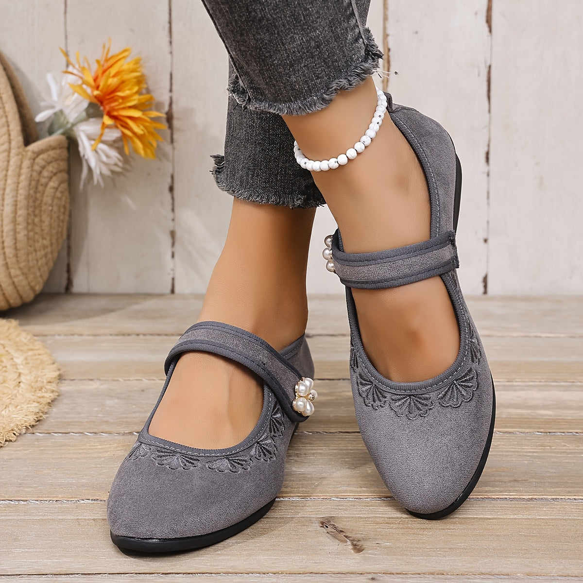 Ayollar uchun flanelli tikilgan Mary-Jane poyabzali, engil, kundalik, yengil burchakli taglik bilan