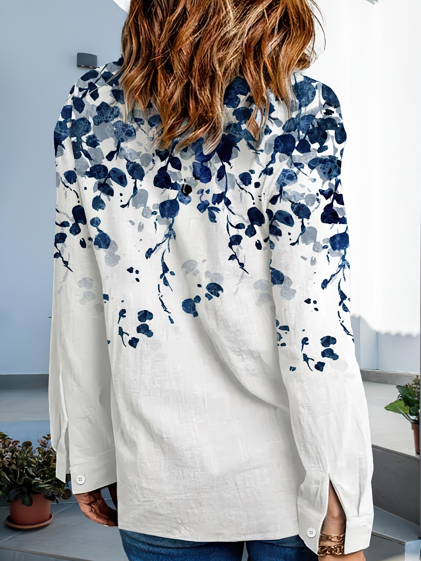 Women's Long Sleeve Shirt with 3D Digital Print Patchwork Lapel Collar Woven Fabric