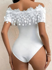 Women's Black Lace Off-Shoulder Bodysuit Sleeveless Backless Fantasy