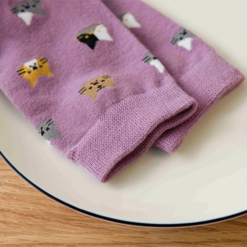 Women’s Cotton Cat Cartoon Socks 5 Pairs Mid-Calf Fall Winter Cozy Multi-Color
