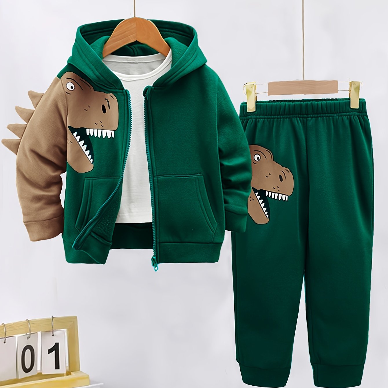 Toddler Boy Fleece-Lined Dinosaur Hoodie and Pants Set Fall Winter Cozy Machine Washable