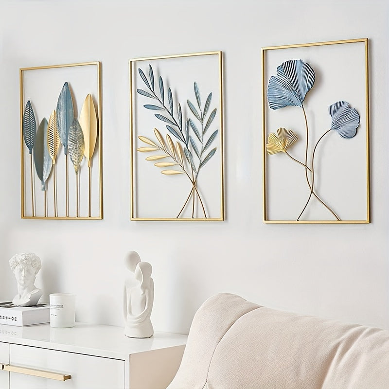 Minimalist Gold Metal Wall Decor Set 43.94x29.97cm Leaf Wall Art for Living Room Bedroom
