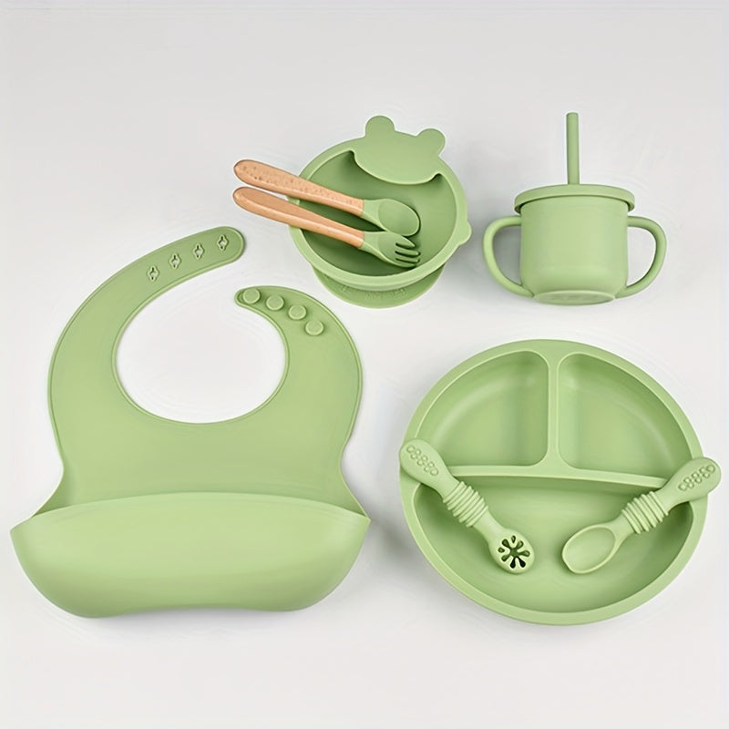 Juego de vajilla de silicona para niños pequeños, 8 piezas, incluye plato, cuenco, cuchara, tenedor, pajita, taza, babero, libre de BPA, no tóxico, apto para lavavajillas, para edades de 0 a 3 años