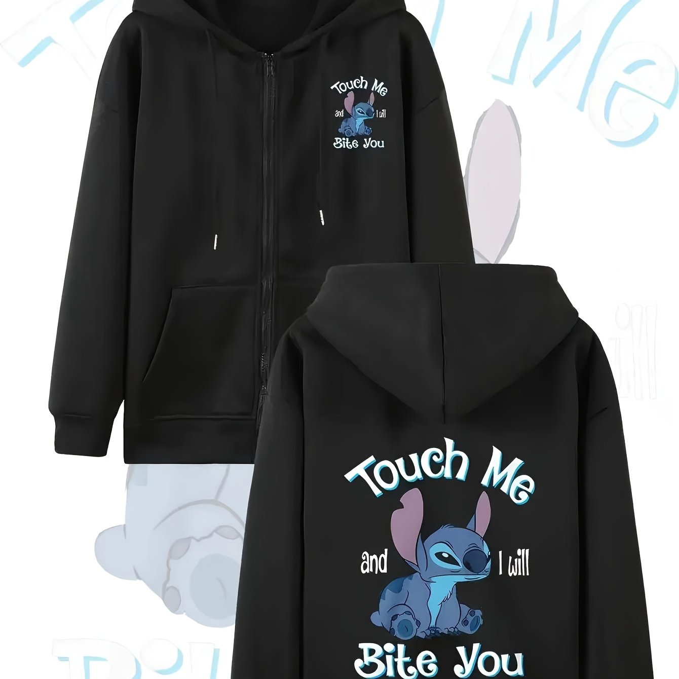 Women's Plus Size Black Cartoon Hoodie with Zipper, All-Season Casual Sweatshirt