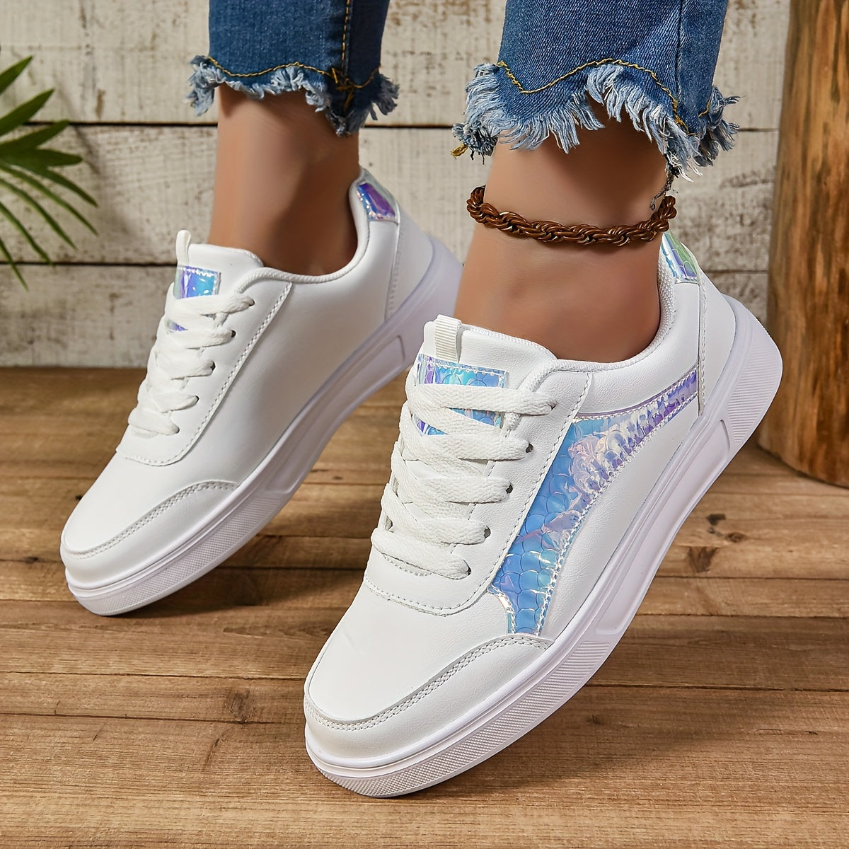 Women's White Glitter Sneakers Lightweight Lace-Up Low-Top Shoes