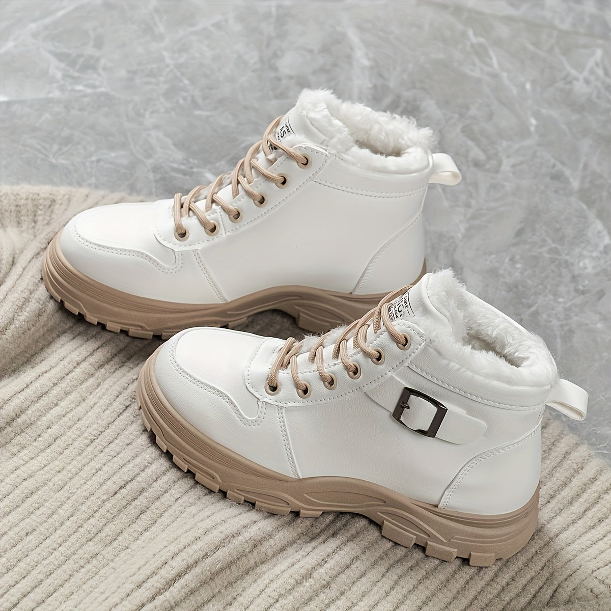 Women's Winter Ankle Boots with Plush Lining Black and Beige Two-Tone